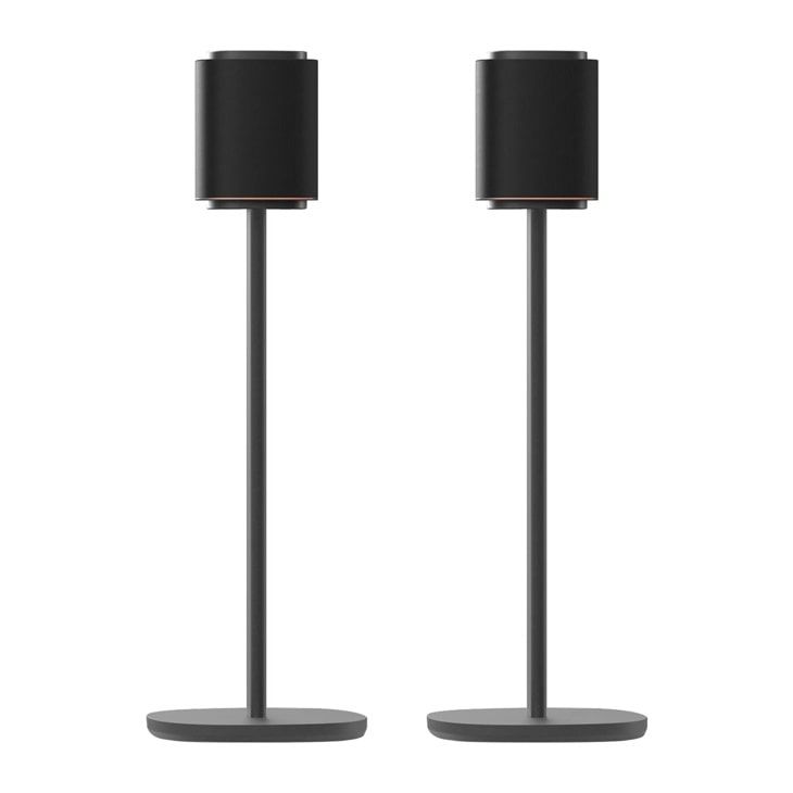 FS-M72 speaker stands pair with cylindrical black speakers mounted on tall slender poles with oval bases - Front View