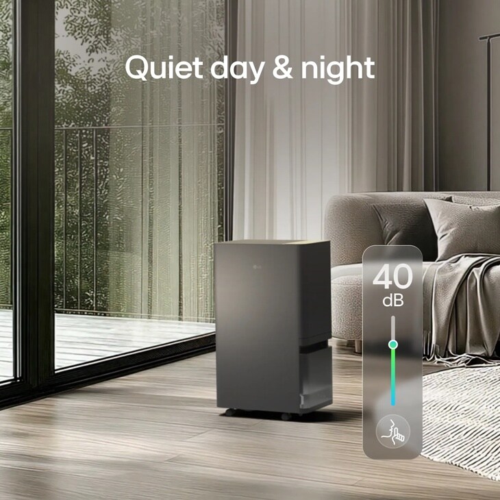 DT501BKR0 Dehumidifier infographic showing quiet operation at 40 dB in modern living room setting