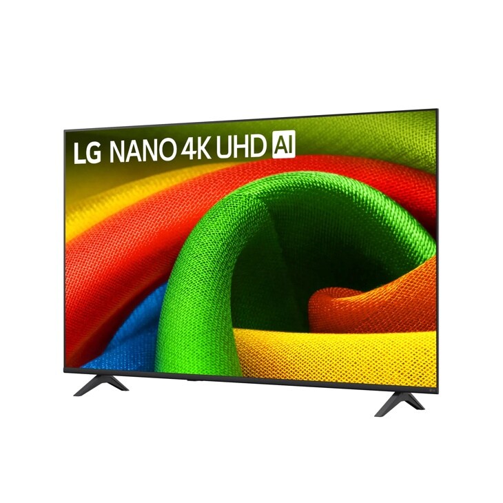 65-Inch LG NANO 4K UHD AI TV 65NU700BPUA displaying vibrant colorful fabric texture with red, green, yellow and blue curves - Side Angle