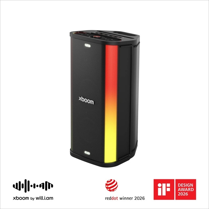 LG xboom STAGE501 Party Speaker with Red Dot Winner 2026 and iF Design Award 2026 badges - Front View