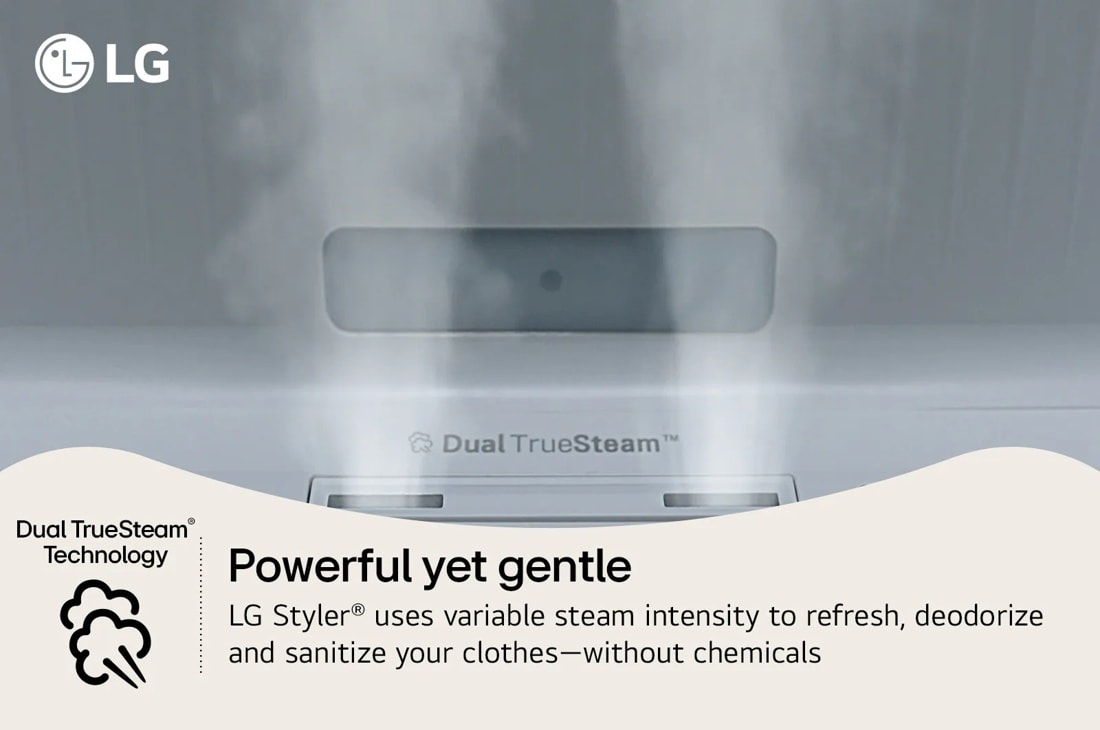 LG SC5GMR80H Styler infographic showing Dual TrueSteam Technology that uses variable steam intensity to refresh clothes without chemicals