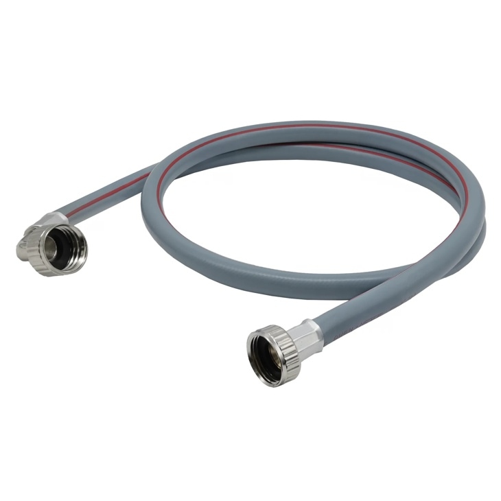 Gray washing machine inlet hose AGF04127475 with metal threaded connectors at both ends and red stripe accent