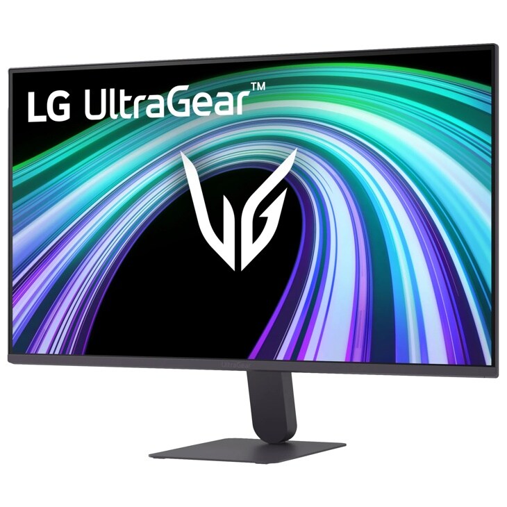 LG 27G411B-B UltraGear Gaming Monitor with stand displaying colorful graphics - Front View