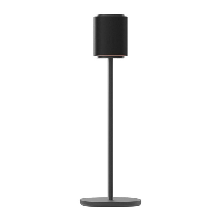 FS-M71 cylindrical black speaker on tall slender stand with flat base - Front View