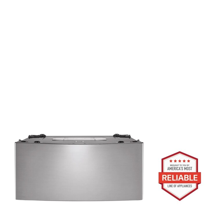 Front view of the 1.0 cu. ft. LG SideKick™ Pedestal Washer, LG TWINWash™ Compatible - WD100CV. Includes a graphic logo that says, Brought to you by America’s Most Reliable Line of Appliances.
