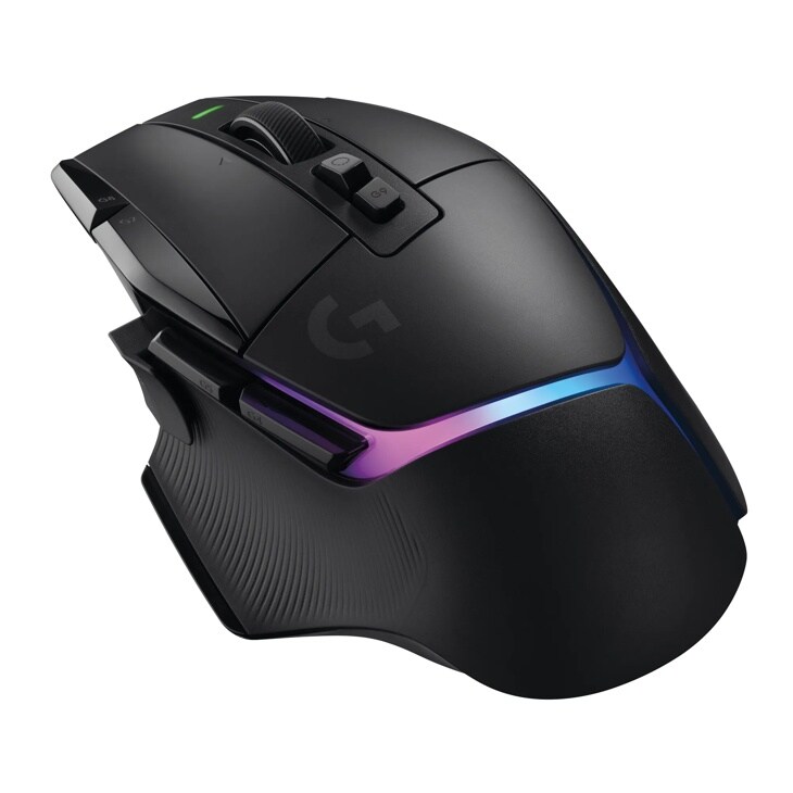 Logitech 910006160 wireless gaming mouse with RGB lighting strip, programmable buttons, and ergonomic design - Side Angle