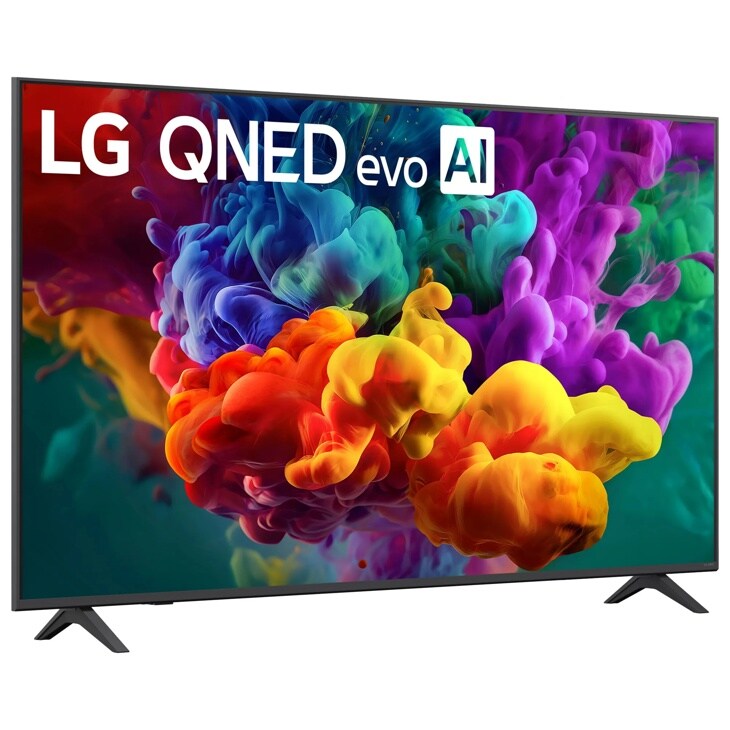 65-Inch LG QNED evo AI 4K TV 65QNED84BAA displaying vibrant colorful ink cloud visual with red, yellow, purple, and blue hues - Side Angle
