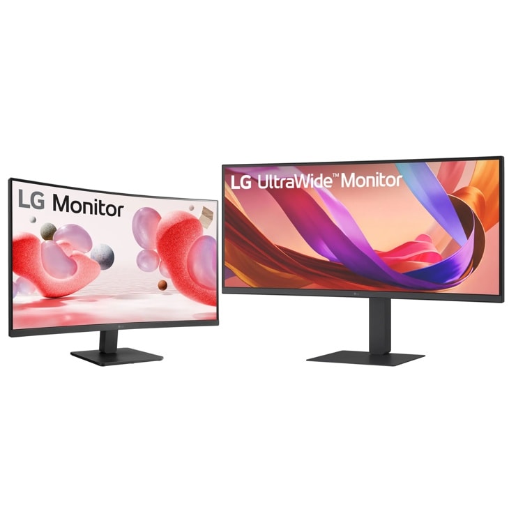 LG 32MR50C-B and 34U650A-B Monitors side by side displaying colorful abstract graphics on black stands