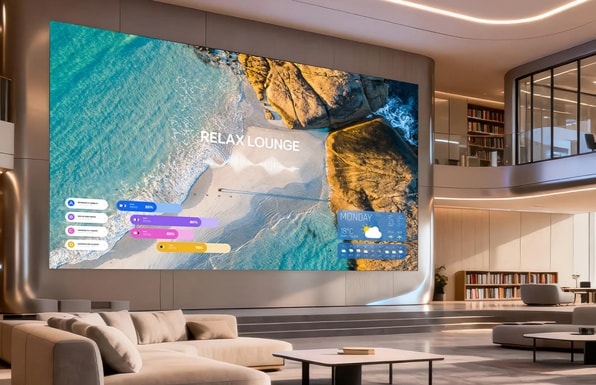 A modern room with a large digital screen displaying a beach scene and graphical interface elements.