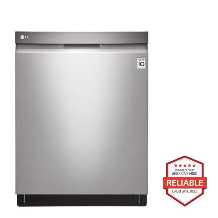 Front view of the Top Control Smart wi-fi Enabled Dishwasher with QuadWash™ - LDP6797ST. Includes a graphic logo that says, Brought to you by America’s Most Reliable Line of Appliances.
