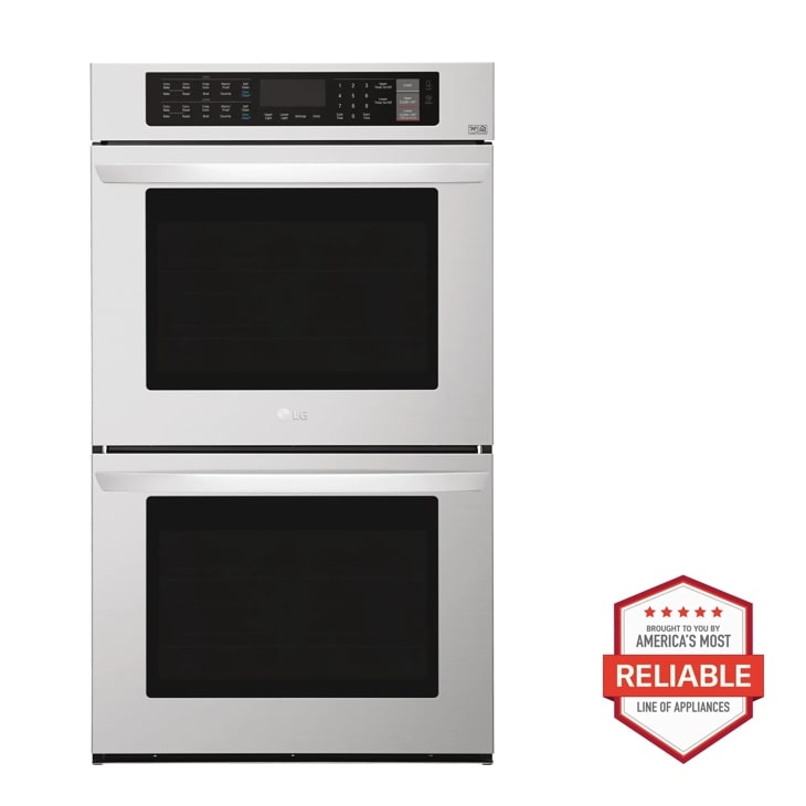 Front view of the 9.4 cu. ft. Electric Double Wall Oven - Stainless Steel - LWD3063ST. Includes a graphic logo that says, Brought to you by America’s Most Reliable Line of Appliances.