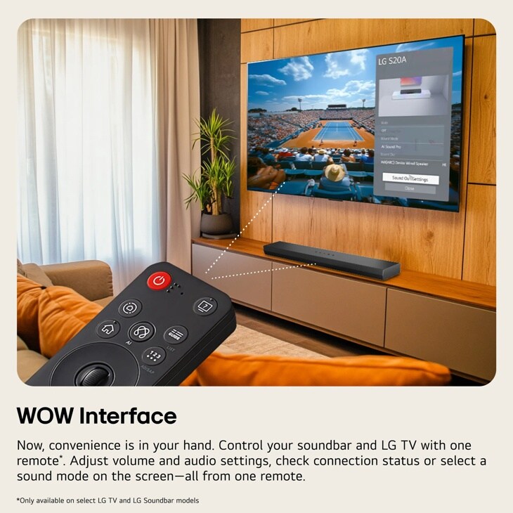 LG S7FTRS Soundbar WOW Interface infographic showing remote control with navigation wheel and power button controlling Soundbar and LG TV in modern living room