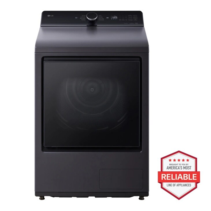 LG DLHC8402B Top Load Dryer in black finish with digital control panel and America's Most Reliable badge - Front View