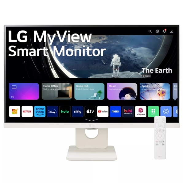Front view of the 25 Inch LG MyView (25SR50F-W) white smart monitor with FHD resolution, webOS and a remote control