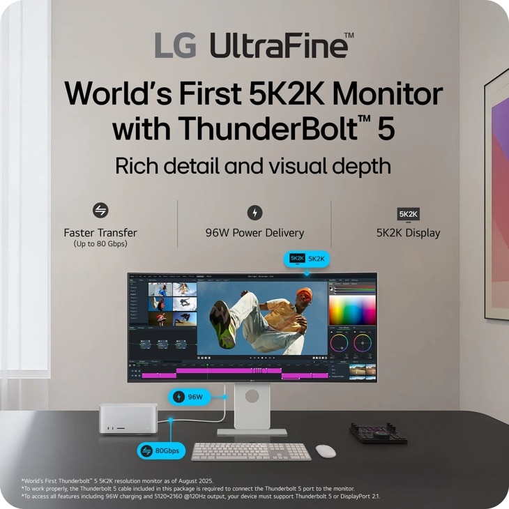 
LG UltraFineTM
World's First 5K2K Monitor with ThunderBoltTM 5
Rich detail and visual depth
Faster Transfer (Up to 80 Gbps)
96W Power Delivery
5K2K
5K2K Display
*World's First ThunderboltTM 5 5K2K resolution monitor as of August 2025.
*To work properly, the Thunderbolt 5 cable included in this package is required to connect the Thunderbolt 5 port to the monitor.
*To access all features including 96W charging and 5120x2160 @120Hz output, your device must support Thunderbolt 5 or DisplayPort 2.1.
