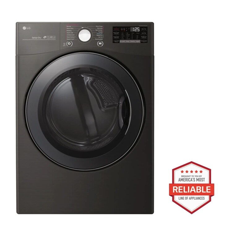 Front view of the 7.4 cu.ft. Smart wi-fi Enabled Gas Dryer with TurboSteam™ - DLGX3901B. Includes a graphic logo that says, Brought to you by America’s Most Reliable Line of Appliances.
