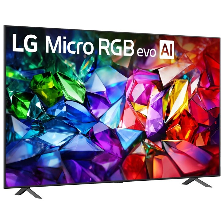 86-Inch LG Micro RGB evo AI 4K QNED TV 86MRGB95BUA displaying vibrant colorful crystal-like imagery - Side Angle