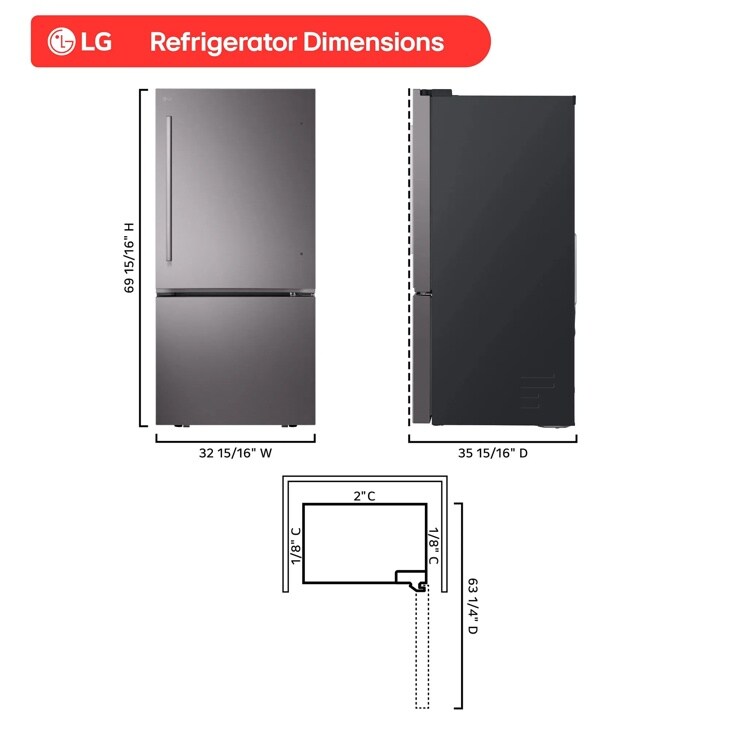 LG LB26H2200D Bottom Freezer Refrigerator Dimensions - 69 15/16" H x 32 15/16" W x 35 15/16" D with Front and Side Views