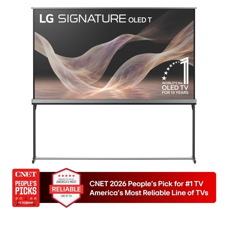 77-Inch LG SIGNATURE OLED T 4K OLED TV OLED77T6PUA with Worlds No.1 OLED TV for 13 Years badge and CNET 2026 Peoples Pick for #1 TV Americas Most Reliable Line of TVs badge