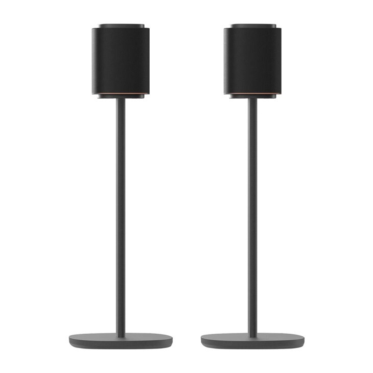 FS-M52 pair of black cylindrical speaker stands with slim poles and oval bases for home audio setup - Front View