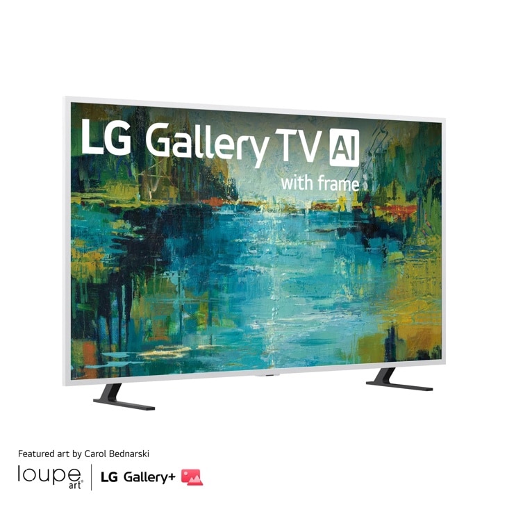 LG Gallery TV AI 65LX7BPUA with white frame displaying abstract art on tabletop stand - Side Angle
