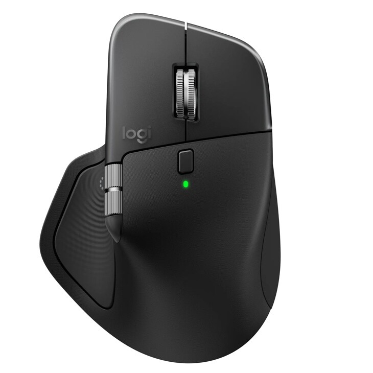 Logitech 910007560 wireless ergonomic mouse with scroll wheel, side buttons, and green indicator light - Top angle view