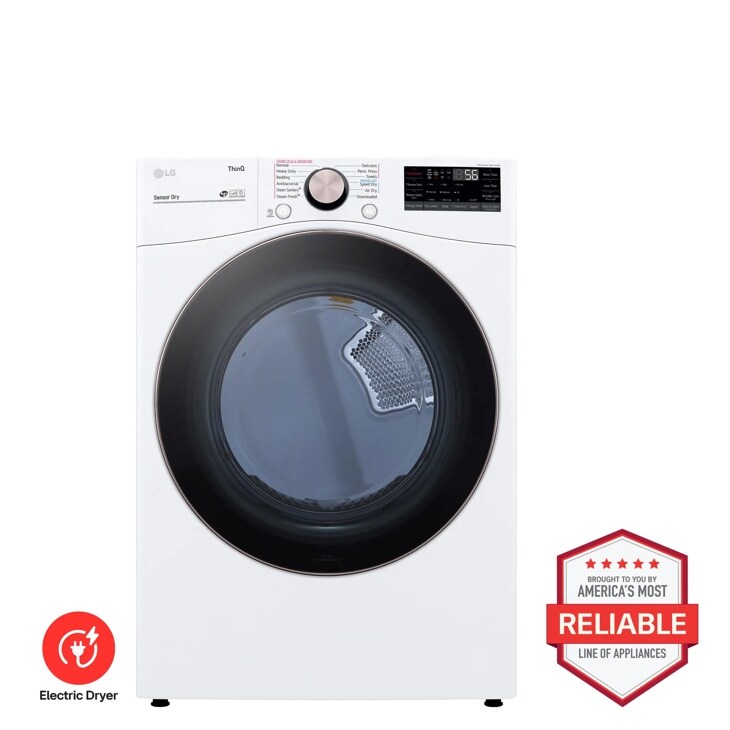 LG electric dryer in white, model DLEX4000W, front view with white background and “Brought to you by America’s Most Reliable Line of Appliances” badge is part of the LG reliable home appliances collection.