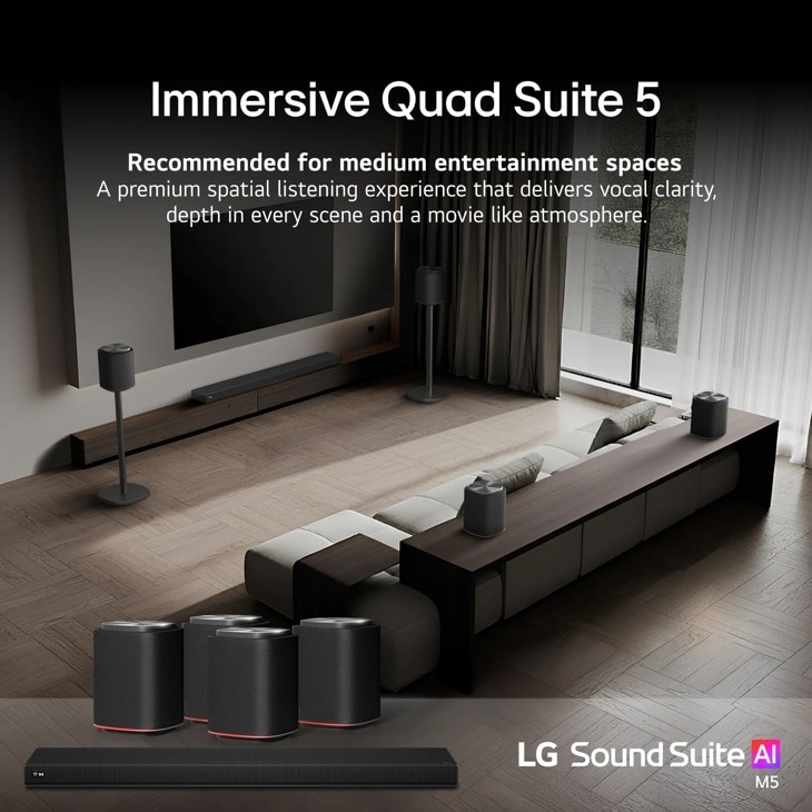 M5-P4_H7 Immersive Quad Suite 5 soundbar system with multiple speakers arranged in living room for premium spatial listening experience in medium entertainment spaces
