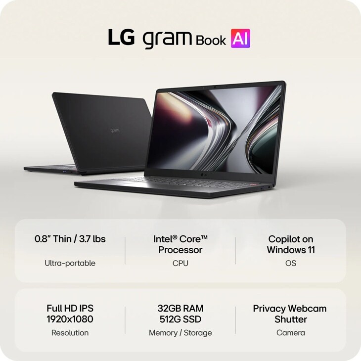 LG gram Book AI 15U50U-H_AA56U1 Laptop infographic showing 0.8 inch thin 3.7 lbs ultra-portable design with Intel Core Processor, Copilot on Windows 11, Full HD IPS 1920x1080 resolution, 32GB RAM 512G SSD, and Privacy Webcam Shutter