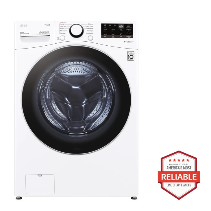 Front view of the 4.5 cu. ft. Ultra Large Capacity Smart wi-fi Enabled Front Load Washer with Built-In Intelligence & Steam Technology - WM3600HWA. Includes a graphic logo that says, Brought to you by America’s Most Reliable Line of Appliances.