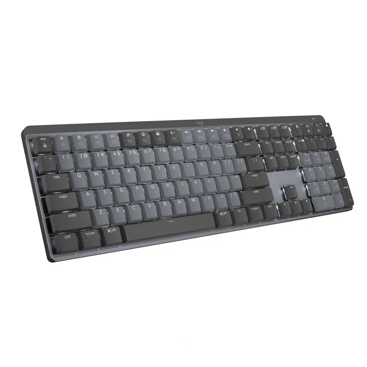 Logitech 920010549 wireless keyboard with slim dark gray design featuring standard QWERTY layout and numeric keypad - Angled view