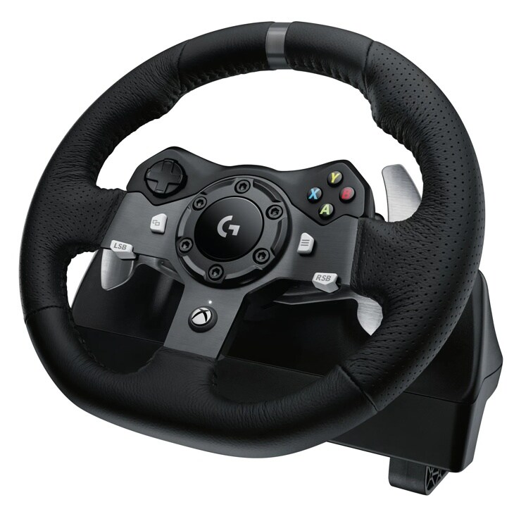 Logitech 941000121 gaming racing wheel with leather grip, controller buttons, and paddle shifters - Front View