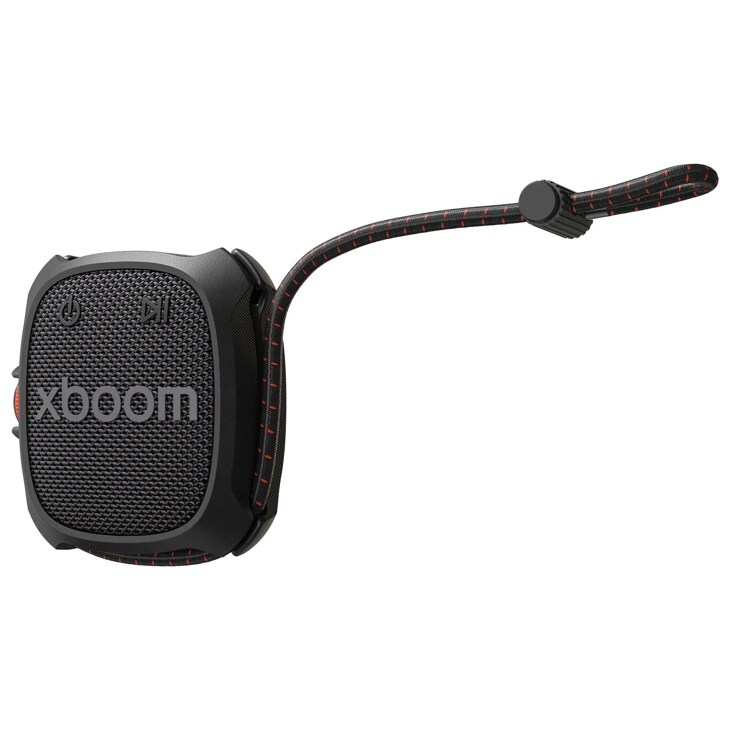 LG xboom ROCK_CNOALBK portable speaker with black mesh grille, power button, and flexible braided strap with red accents