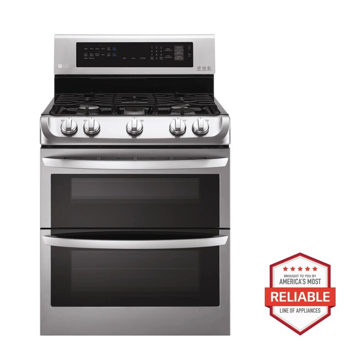 Front view of the 6.9 cu. ft. Gas Double Oven Range with ProBake Convection® and EasyClean® - LDG4313ST. Includes a graphic logo that says, Brought to you by America’s Most Reliable Line of Appliances.