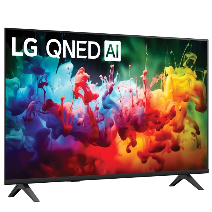 43-Inch LG QNED AI 4K TV 43QNED75BUA displaying vibrant colorful ink swirls in blue, red, and yellow on screen - Right View