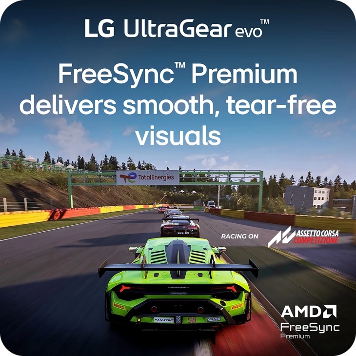 LG 52G930B-B UltraGear Monitor FreeSync Premium technology delivers smooth tear-free visuals in racing game simulation - Infographic