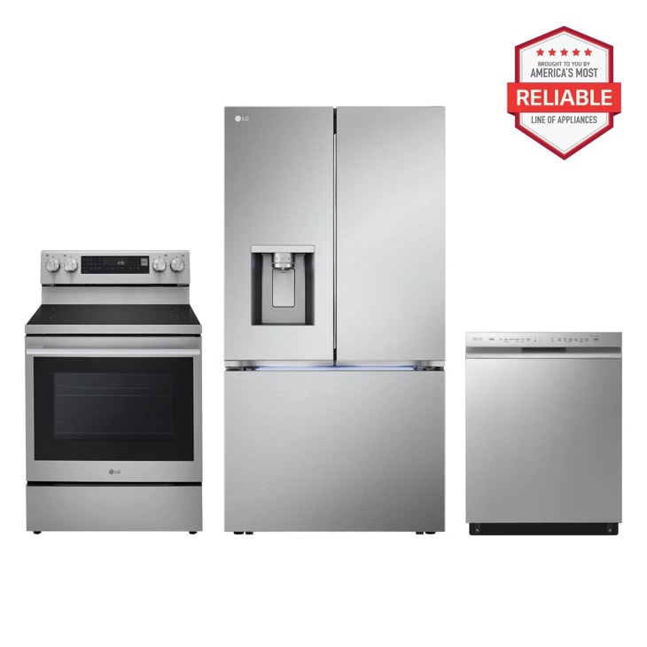26 cu. ft. Smart Counter-Depth MAX™ French Door Refrigerator with Freestanding Electric Range and Front Control Dishwasher Kitchen Package in Stainless Steel LRYXC2606S_LREN6325XE_LDFN4542S