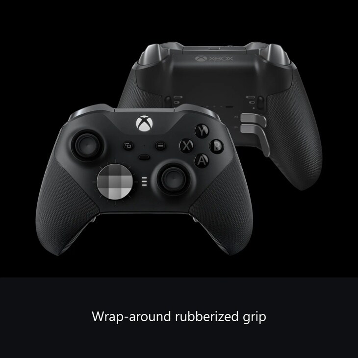 Xbox Elite Wireless Controller FST00001 showing front and back views with wrap-around rubberized grip and customizable buttons
