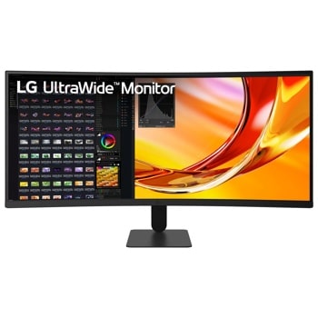 LG 34U601B-B 34-Inch UltraWide Monitor displaying photo editing software and vibrant orange graphics on curved screen - Front View1