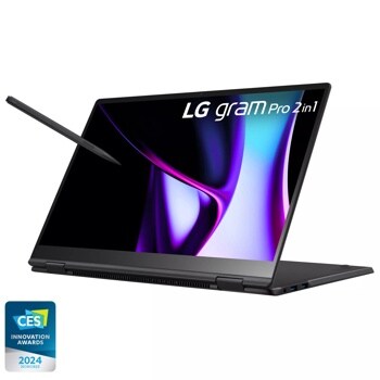 Left side view of the 16 Inch LG gram Pro 2 in 1 (16T90SP-G.AAB6U1) laptop with 16GB RAM, Intel Core Ultra 7 and a Stylus Pen