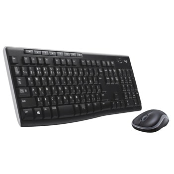 Logitech 920004536 wireless keyboard and mouse combo with full-size black keyboard featuring media controls and compact wireless mouse