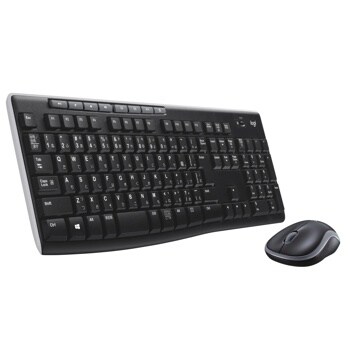 Logitech 920004536 wireless keyboard and mouse combo with full-size black keyboard featuring media controls and compact wireless mouse