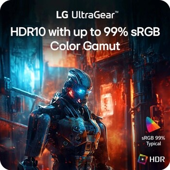 LG 27G61ZB-B UltraGear Monitor infographic showing HDR10 with up to 99% sRGB Color Gamut with gaming character in vibrant blue and orange scene