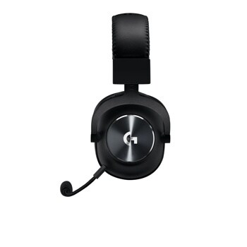 Logitech 981000906 gaming headset with attached microphone boom featuring black padded headband and metallic ear cup with G logo - Side View
