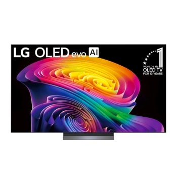 65-Inch LG OLED evo AI TV OLED65C6AUA with vibrant colorful spiral display pattern and WORLDS No. 1 OLED TV FOR 13 YEARS badge - Front View1