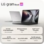 LG gram Book AI 14U40V-G.AR51U3 Laptop infographic showing 0.6 inch thin 2.9 lbs lightweight design, Windows 11 Home Copilot OS, Intel Core Processor CPU, 14 inch IPS 16:10 WUXGA display, Up to 100% sRGB color gamut, Full HD webcam with privacy shutter