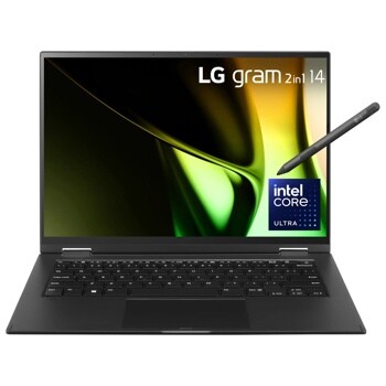 LG gram 2in1 14 laptop with Intel Core Ultra, stylus on keyboard Front View