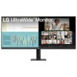 LG 34U511A-B 34-Inch UltraWide Monitor displaying split screen with data charts and video conference - Front View