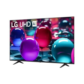 70-Inch LG UHD AI 4K TV 70UA7500ZUD displaying colorful glossy spheres in blue, purple, red, and teal against a vibrant background - Side Angle