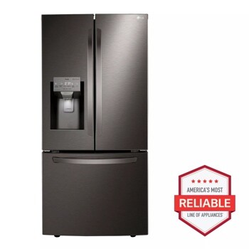 Front view of the 25 cu. ft. Smart Wi-Fi Enabled French Door Refrigerator - LRFXS2503D. Includes a graphic logo that says, Brought to you by America’s Most Reliable Line of Appliances.